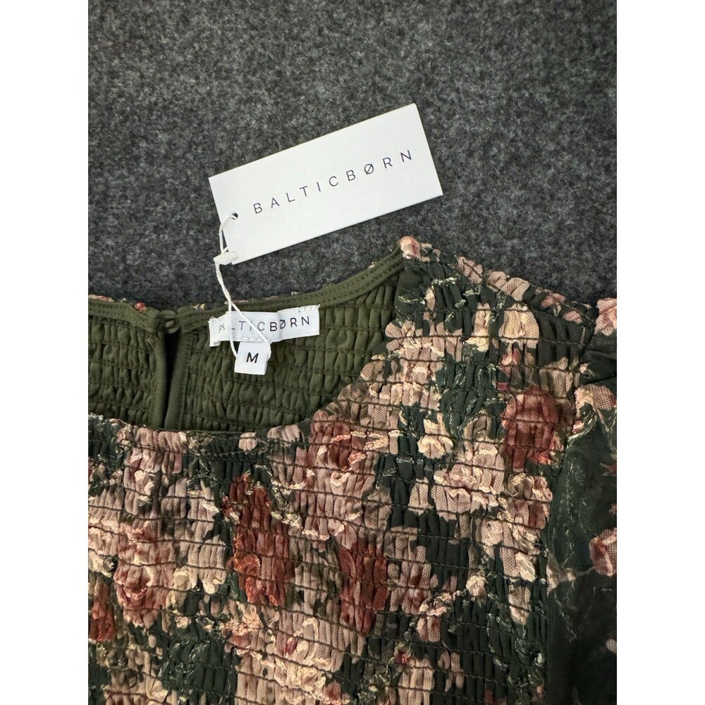 Baltic Born Floral Smocked Midi Dress Green Pink Short Sleeve Zip Closure M - Picture 7 of 8
